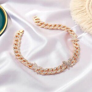 Iced Cuban Rhinestone Chain Link & Butterfly Gold Tone Necklace 15”